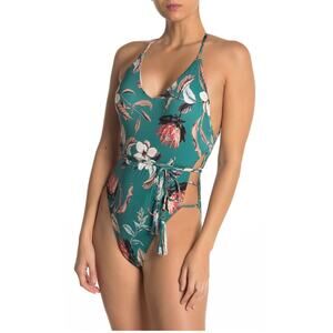 BCBGMaxAzria Womens Swimsuit Size 10‎ Teal Desert Flower Strappy Boho Luxe Beach